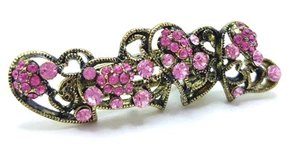 New Antique Gold Overlapping Hearts With Rose Color Crystal Slide Claw Clip - Picture 1 of 3