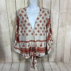By Together Women’s Bell Sleeve Front Tie Boho Blouse Sz L Rust Tan 