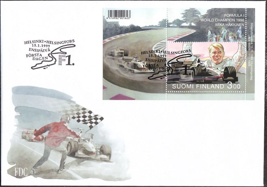 Race Car McLaren Formula 1 Mika Hakkinen World Champion Finland Mint FDC 1999 - Image 1 of 1