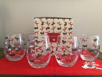 Decorative Holiday "Bows & Holly" Stemless Wine Glasses (4) - Image 1 of 3
