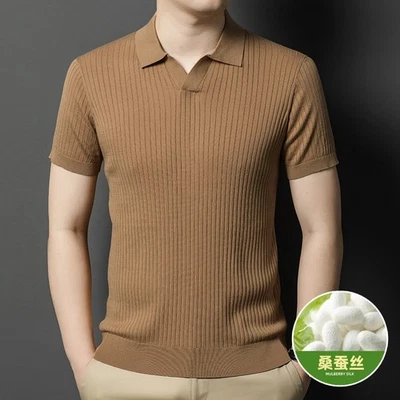 Camiseta de Seda Mulberry Para Hombres Manga Corta Solapa Informal Negocios Rayas Prendas para el torso Ajustada Foto 1 de 4