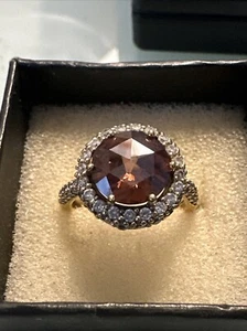 Vintage Sterling Silver Gold Vermeil 925 Orange Citrine Ring Size 7 Pave CZ - Picture 1 of 7