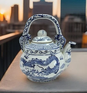 Vintage Teapot Porcelain Chinese Gecko Handle Dragon Motif 6.5" Tall - Picture 1 of 6