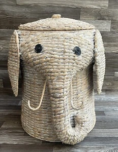 Elephant Hamper Wicker Laundry Basket Clothes Bin Lid Woven Decor Nursery - Picture 1 of 11