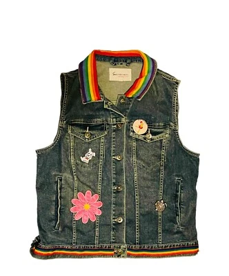 Vintage Young Ladies Jean Jacket Vest Embellished Lace Jewelry Flower Large - Image 1 of 4