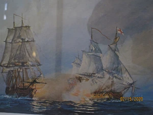 A framed and matted print of a revolunary sea battle between the American and Ro - Picture 1 of 6