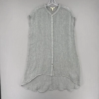 Camisa túnica de malla de lino Eileen Fisher talla grande gris manga gorra abotonada Foto 1 de 4