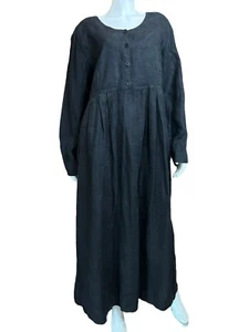 Vintage FLAX Linen Dress Size Large Long Heavy Black Pullover Box Pleated Maxi L - Picture 1 of 9