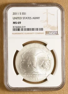 2011 S United States Army Commemorative Silver Dollar NGC MS69 - Picture 1 of 2