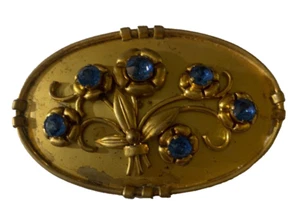 Vintage Czechoslovakia Gold-Toned Oval Floral Brooch Blue Rhinestones Flower Pin - Picture 1 of 6