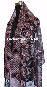 Elegant Oblong Lace Floral Art Scarf Wrap w/ Sequins & Fringes, Black/Lavender - Picture 1 of 5