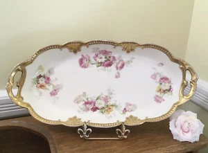 c.1900-1910 Antique A.K. Limoges Pink Roses on Oval Serving Dish with Handles - Picture 1 of 24