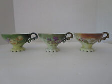 Three Vintage Hand Painted Teacups Roses Violets Holly Scalloped Bases Shabby