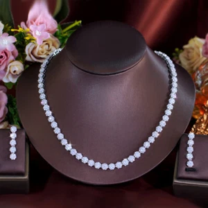 Silver Plated Small Flower Tennis Necklace and Earrings Women Zircon Jewelry Set - Picture 1 of 17