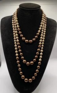 Multi Layer Strand Hand Knotted Graduated Glass Faux Pear Necklace Beige & Brown - Picture 1 of 10