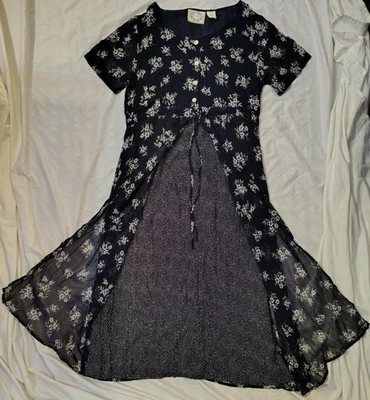 Vtg 90's Erika Studio Black Floral Midi Tie Back Cottage Prairie Rayon Dress M - Image 1 of 4