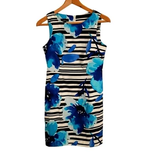 Alyx Midi Dress Size 6 Petite Striped Floral Stretch Career Modest Colorful Blue - Picture 1 of 6