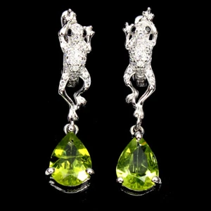 Summer 925 Silver Earrings Pear Peridot 9x7mm Frog Natural Gemstone Jewelry - Picture 1 of 10