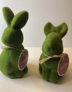 Set Of Two Faux Flocked Moss Green Easter Bunnies 9” And 7.5” - Picture 1 of 5