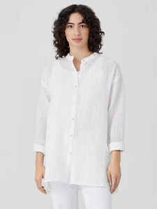 Eileen Fisher White Linen Mandarin Collar Long Shirt Sz Small Luxury Minimalist - Picture 1 of 6