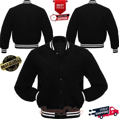 Men's Classic Black Wool Letterman Baseball High School College Varsity Jacket - Image 1 of 4