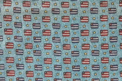 Americana Primitive Whimisical USA Flags on Teal Background -Cotton-45”W x BTY - Image 1 of 4