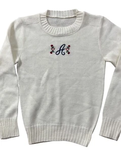 VTG 70s 80s Crewneck Sweater Embroidered Initial A Youth L-XL White Knit Cottage - Picture 1 of 7