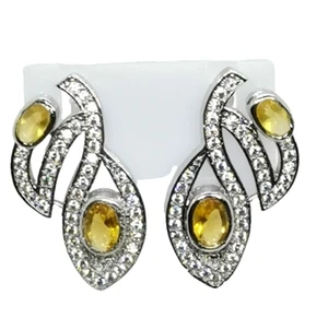 Yellow Citrine & CZ Diamonds Silver-Plated Stud Earrings (159G) - Picture 1 of 8