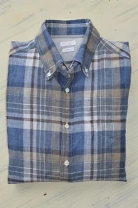BRUNELLO CUCINELLI MENS SLIM FIT 100%LINEN PLAID SHIRT SIZE M BUTTON DOWN TOP - Picture 1 of 24