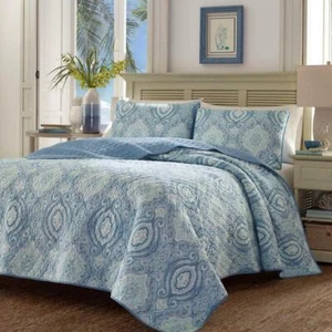 Tommy Bahama Quilt Set Twin Size 2-Piece Turtle Cove Paisley Soft Cotton Blue - Picture 1 of 4