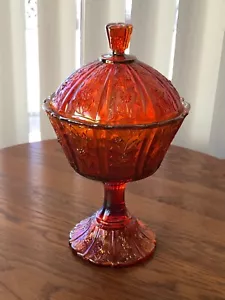 VINTAGE FENTON PANELED DAISY ORANGE CARNIVAL GLASS COVERED DISH 1971-73 - Picture 1 of 9