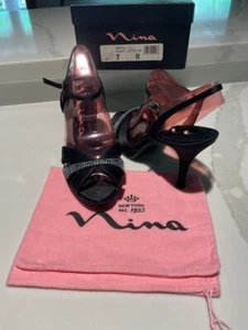 NINA Gretal Black Luster SA Size 7M With Box, Bag, Extra Stones - Picture 1 of 12