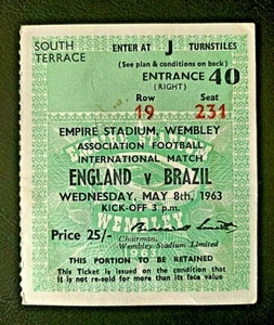 1963 TICKET - ENGLAND V BRAZIL INTERNATIONAL SOCCER MATCH WEMBLEY STADIUM - Picture 1 of 2