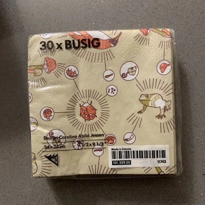 IKEA Busig Napkins Caroline Abild Jessen 9.5”x9.5” Ladybug Frog Mushroom - Image 1 of 3