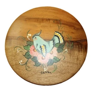 Hand Painted Myrtlewood Bird Flowers Wall Decor Oregon Folk Art Signed Cathy - Picture 1 of 5