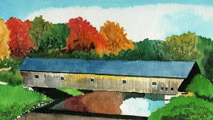 Puente cubierto Hammond, Pittsford Vermont. Paisaje de otoño. Impresiones artísticas en acuarela - Imagen 1 de 1