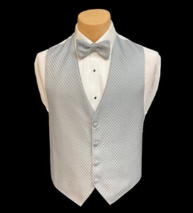 Men's Jean Yves Platinum Silver Tuxedo Vest & Tie Bow or Long Wedding Groom Prom - Picture 1 of 8