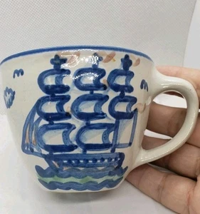 M.A. Hadley Pottery Sailing Ship Low Tide Tea /Coffee Cup Blue & White glaze - Picture 1 of 5