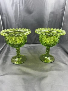 Vintage Fenton Glass Green Ruffled Candy Dish Set Of 2 (8” Tall) - Picture 1 of 8