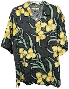 Tommy Bahama Silk Hawaiian Shirt Men's Large Black Yellow Floral Short Sleeve - Picture 1 of 5
