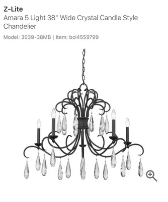 Lámpara de araña estilo vela cristal Z-Lite 3039-38MB Amara 5 luces 38" de ancho Foto 1 de 4