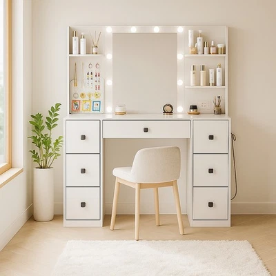 White Vanity Makeup Desk Dressing Table W/ LED Lighted Mirror and Power Outlet - Image 1 of 4