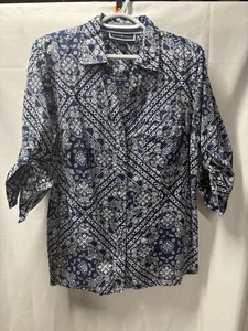 Karen Scott Shirt Damen Button Down blau Paisley 3/4 Ärmel Rollriegel Large - Bild 1 von 8