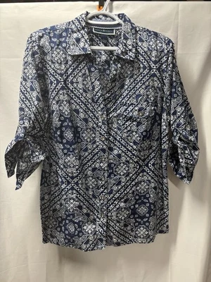 Karen Scott Shirt Womens Button Down Blue Paisley 3/4 Sleeves Roll Tabs Large - Image 1 of 4