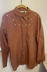 Richard Malcom Brown Linen Shirt with Beading Size Large Vintage - Picture 1 of 10