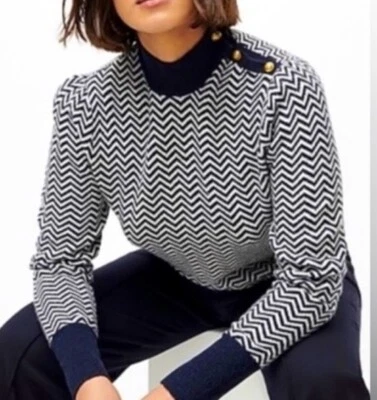 J. Crew sz M Button-Detail Alpaca Blend Sweater in Navy White Herringbone Knit - Image 1 of 4
