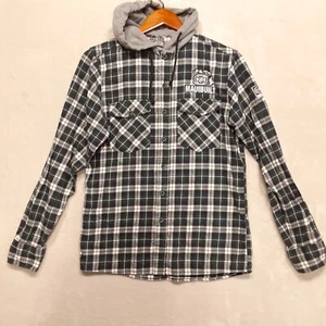 Maui Built Mens Long Sleeve Hoodie Button Shirt Sz.Small/Green Gray Plaid - Picture 1 of 11