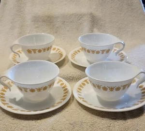 1970s Corelle By Corning Butterfly Gold Hook Handle Cup And Saucer Set of 4 MCM - Picture 1 of 5
