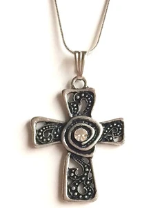 Vintage Celtic Crystal Cross Necklace 22" Silver Plated Christian Baptism Gift - Picture 1 of 12