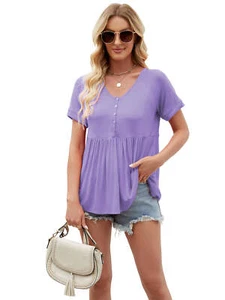NEW! Women Tops Babydoll Short Sleeve V Neck Casual Loose Fit Peplum Blouses - Picture 1 of 24